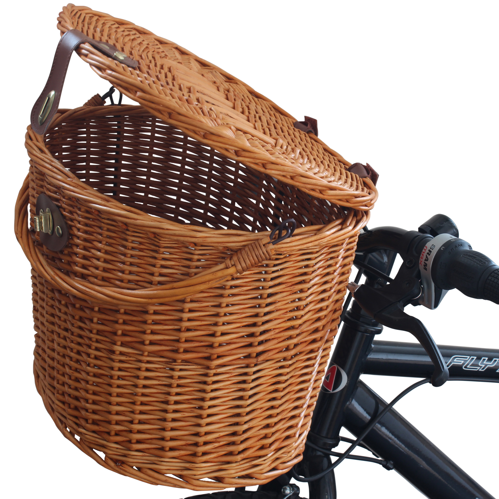 WICKER BICYCLE FRONT PICNIC BASKET WITH LID & CARRY HANDLE SHOPPING